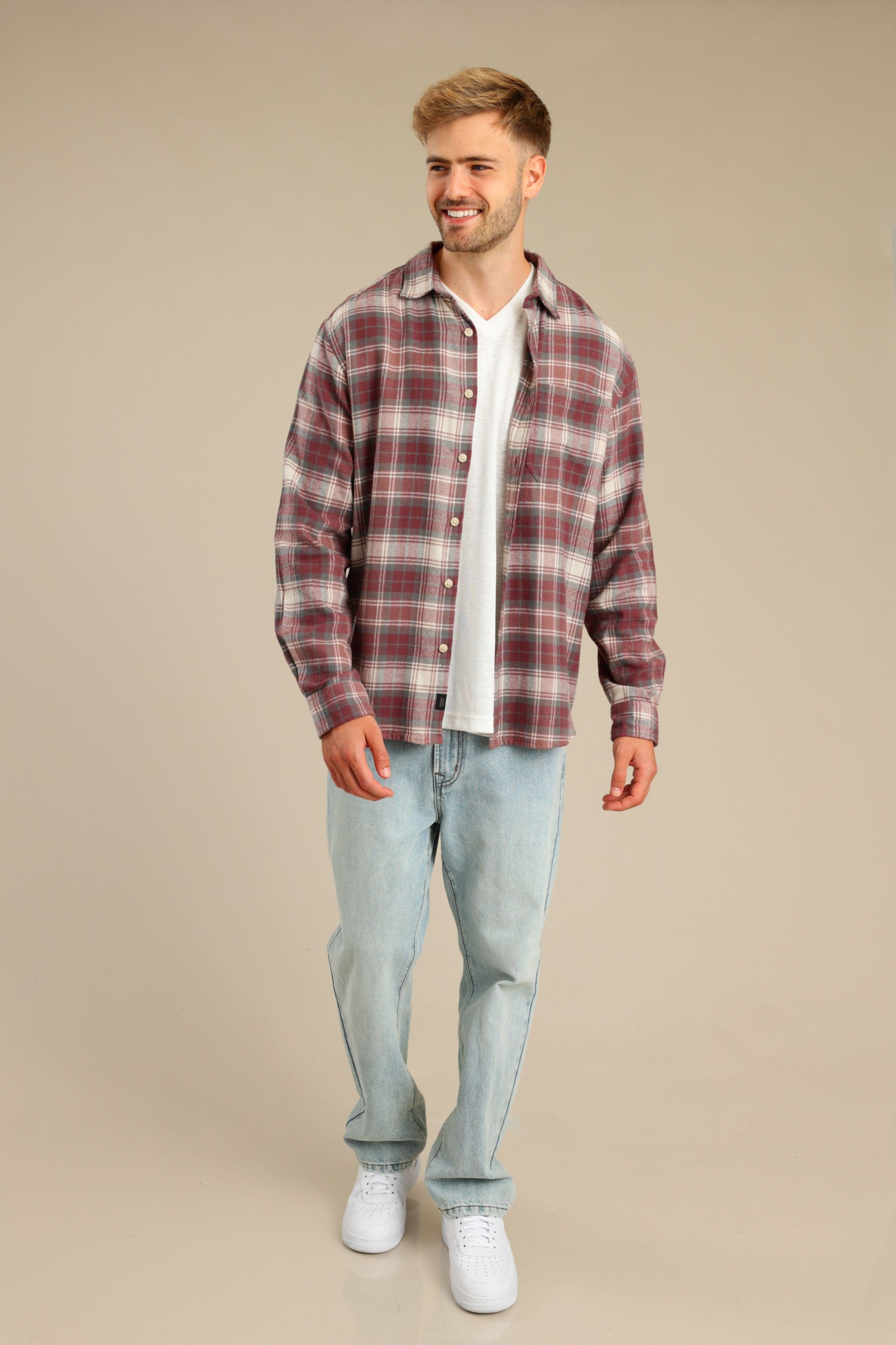 FOX גברים חולצה חולצה מכופתרת פלאנל ארוכה חולצה מכופתרת פלאנל ארוכה