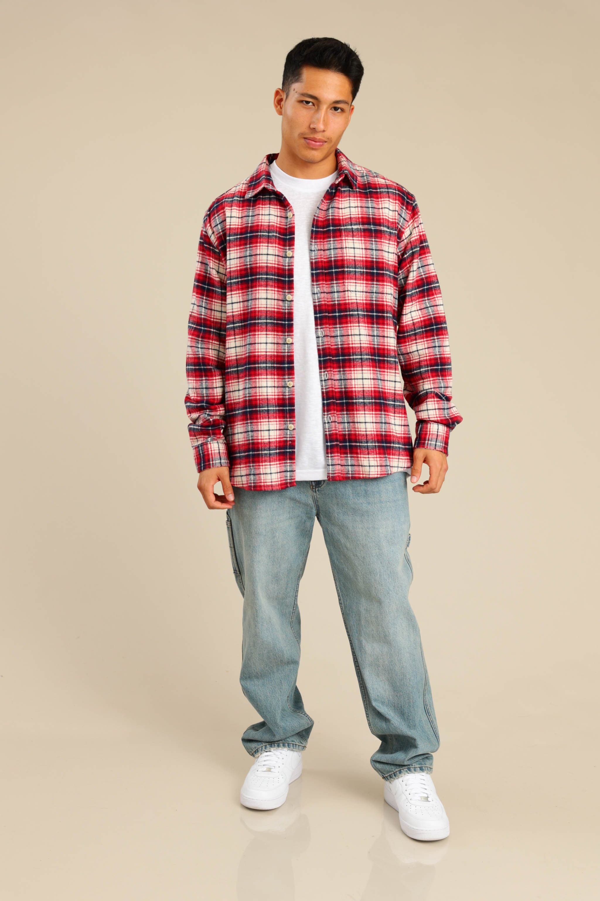 FOX גברים חולצה חולצה מכופתרת פלאנל ארוכה חולצה מכופתרת פלאנל ארוכה