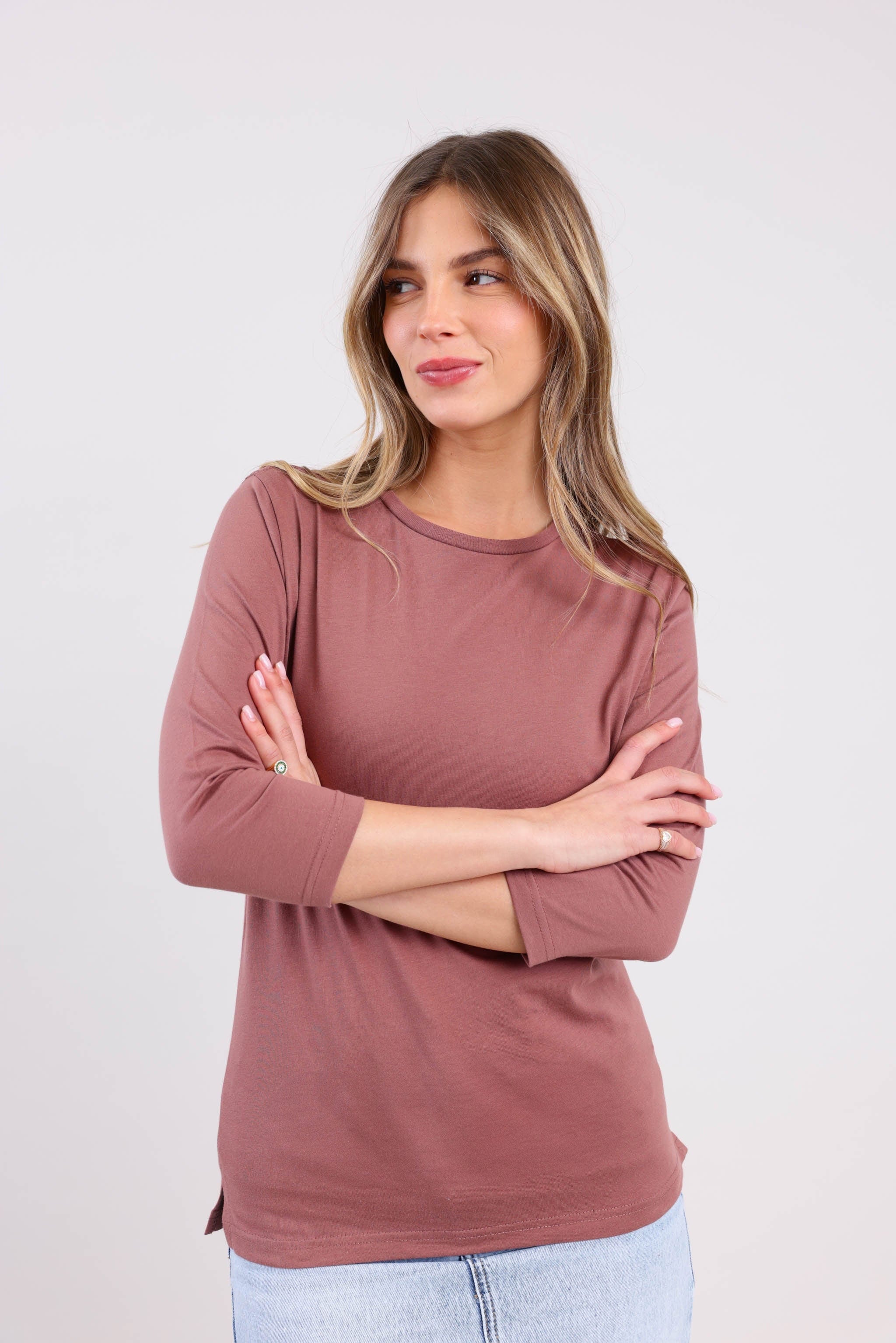 FOX נשים חולצה טישרט בייסיק צווארון עגול שרוול 3/4 FOX | חולצה חלקה | קנה עכשיו