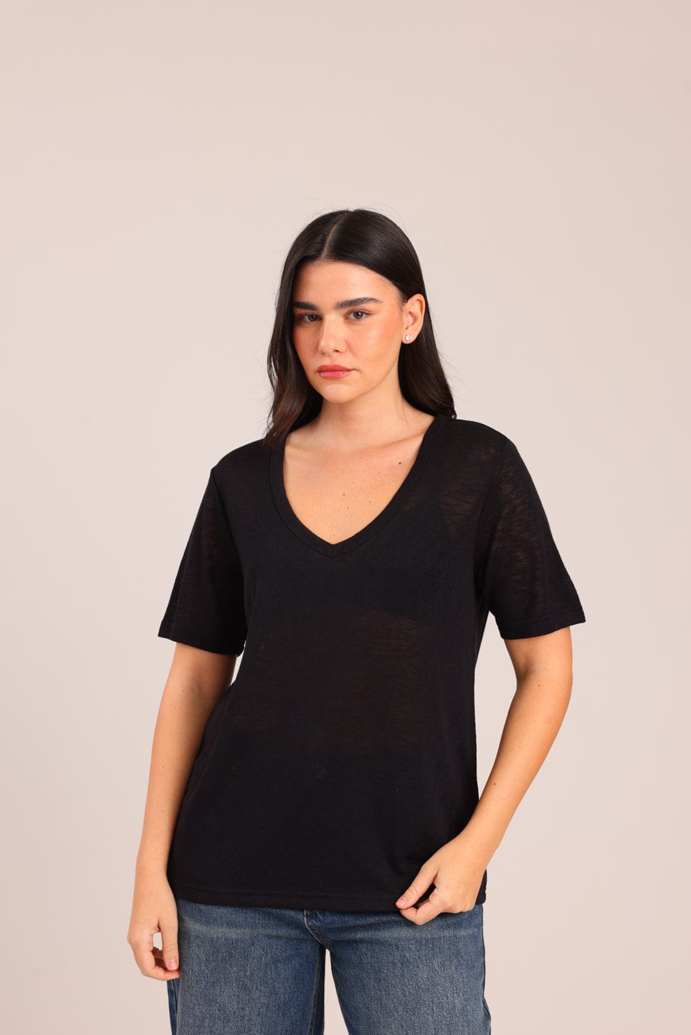 FOX נשים חולצה קצרה חולצת V אוברסייז חולצת V אוברסייז