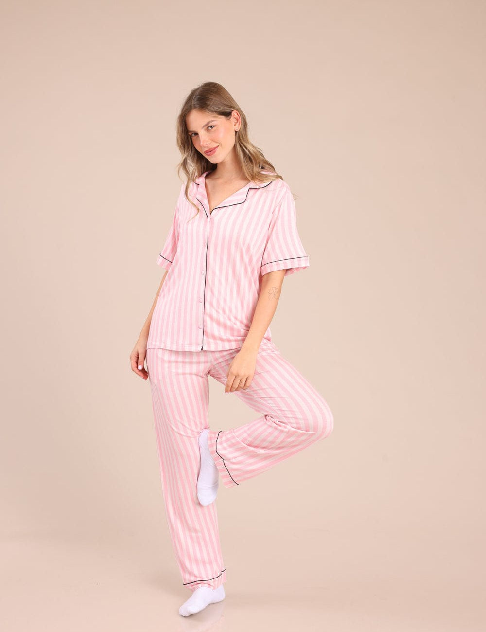 FOX נשים אחר פיג'מה מכופתרת עם פסים פיג'מה מכופתרת עם פסים