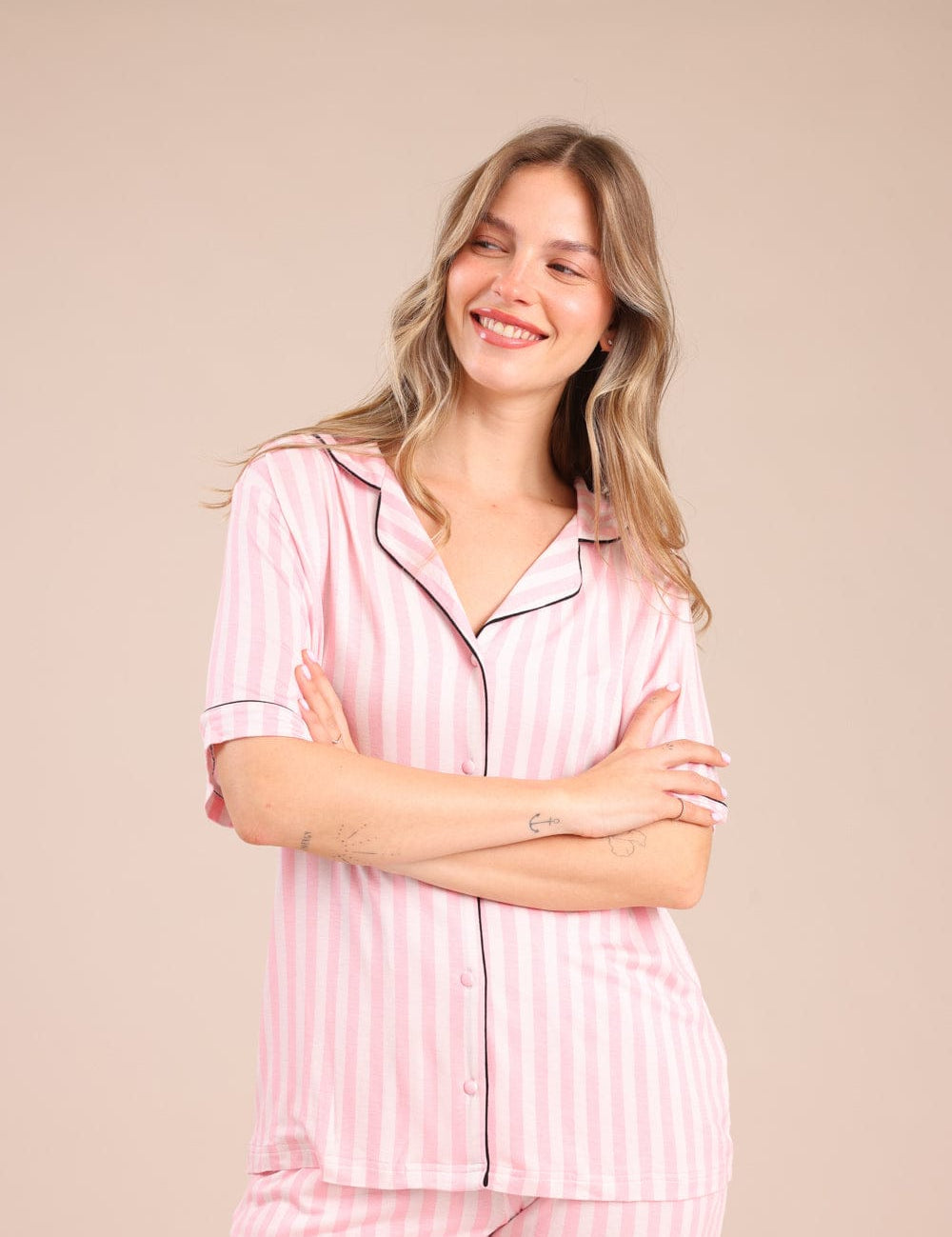 FOX נשים אחר פיג'מה מכופתרת עם פסים פיג'מה מכופתרת עם פסים