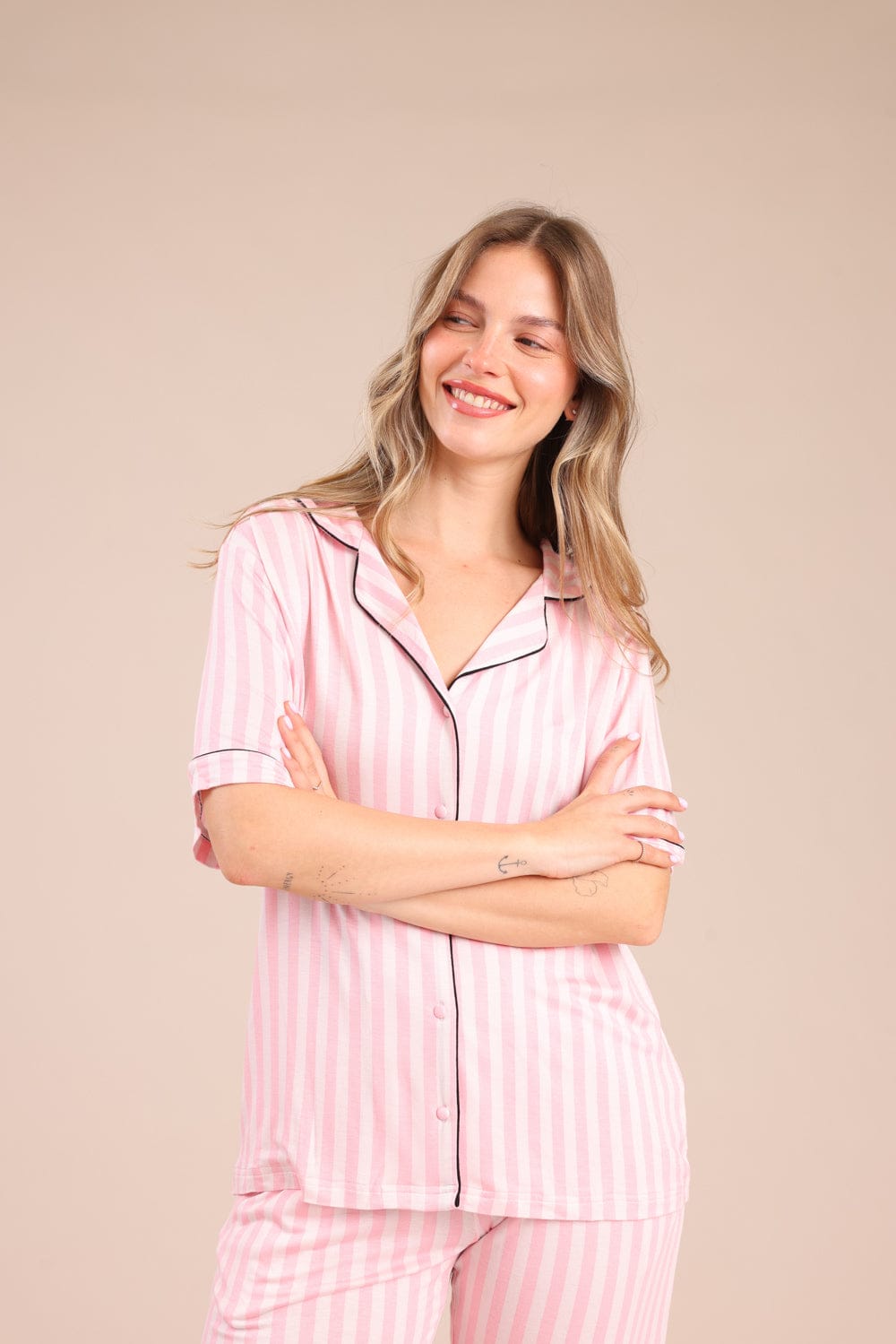 FOX נשים אחר פיג'מה מכופתרת עם פסים פיג'מה מכופתרת עם פסים