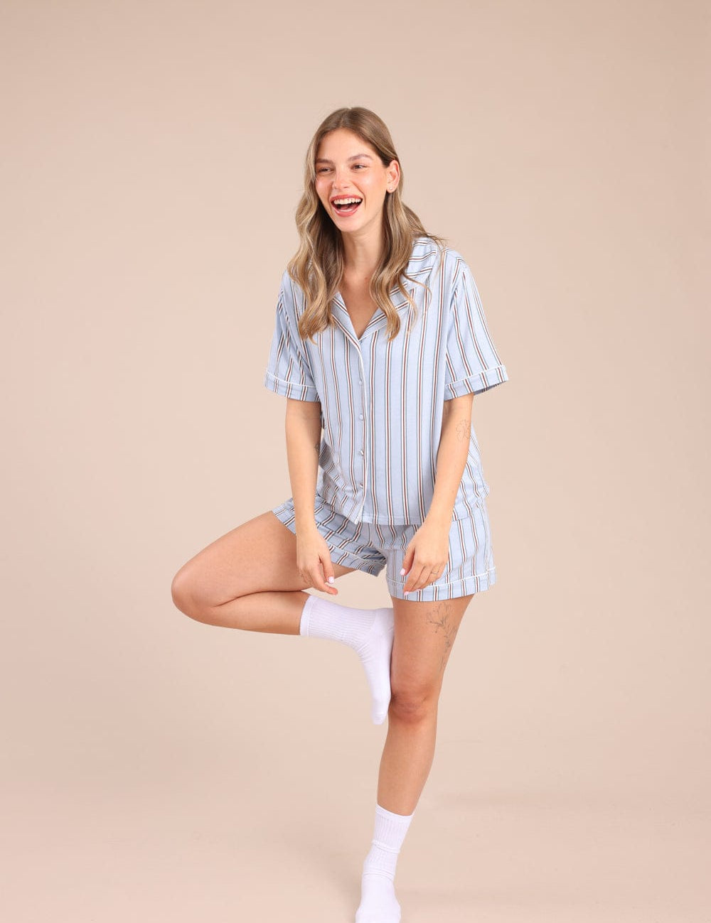 FOX נשים אחר פיג'מה מכופתרת עם פסים פיג'מה מכופתרת עם פסים