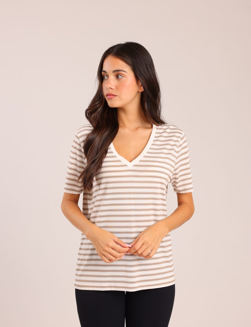 FOX נשים חולצה קצרה חולצת בייסיק פסים צווארון V חולצת בייסיק פסים צווארון V