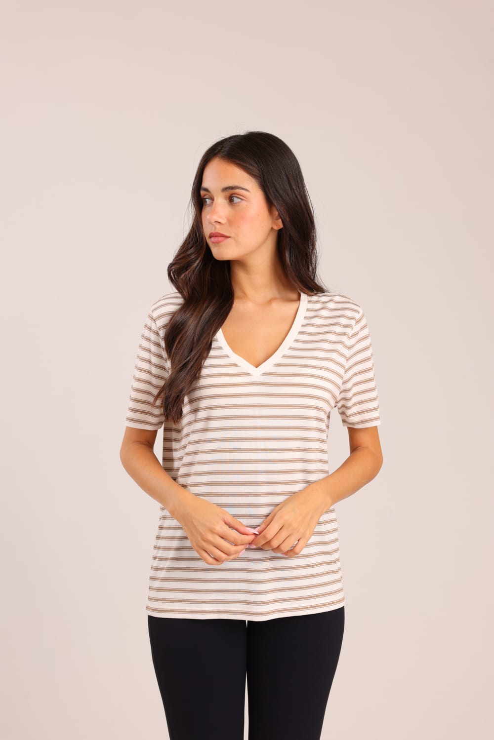 FOX נשים חולצה קצרה חולצת בייסיק פסים צווארון V חולצת בייסיק פסים צווארון V