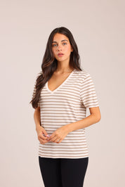 FOX נשים חולצה קצרה חולצת בייסיק פסים צווארון V חולצת בייסיק פסים צווארון V