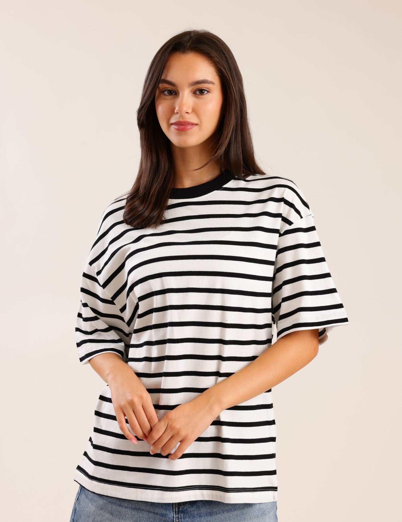 FOX נשים חולצה חולצת בייסיק אוברסייז פסים חולצת בייסיק אוברסייז פסים