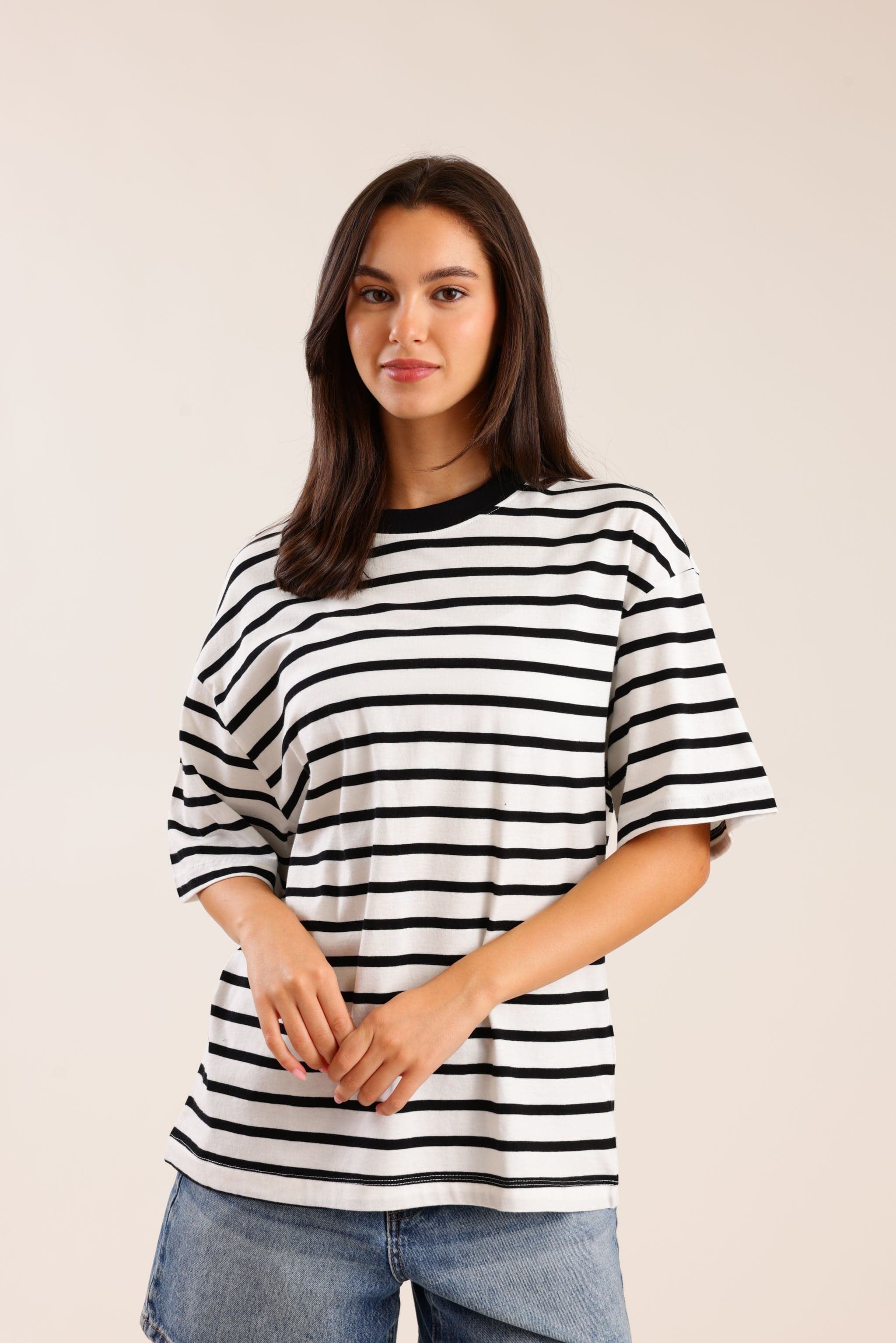 FOX נשים חולצה חולצת בייסיק אוברסייז פסים חולצת בייסיק אוברסייז פסים