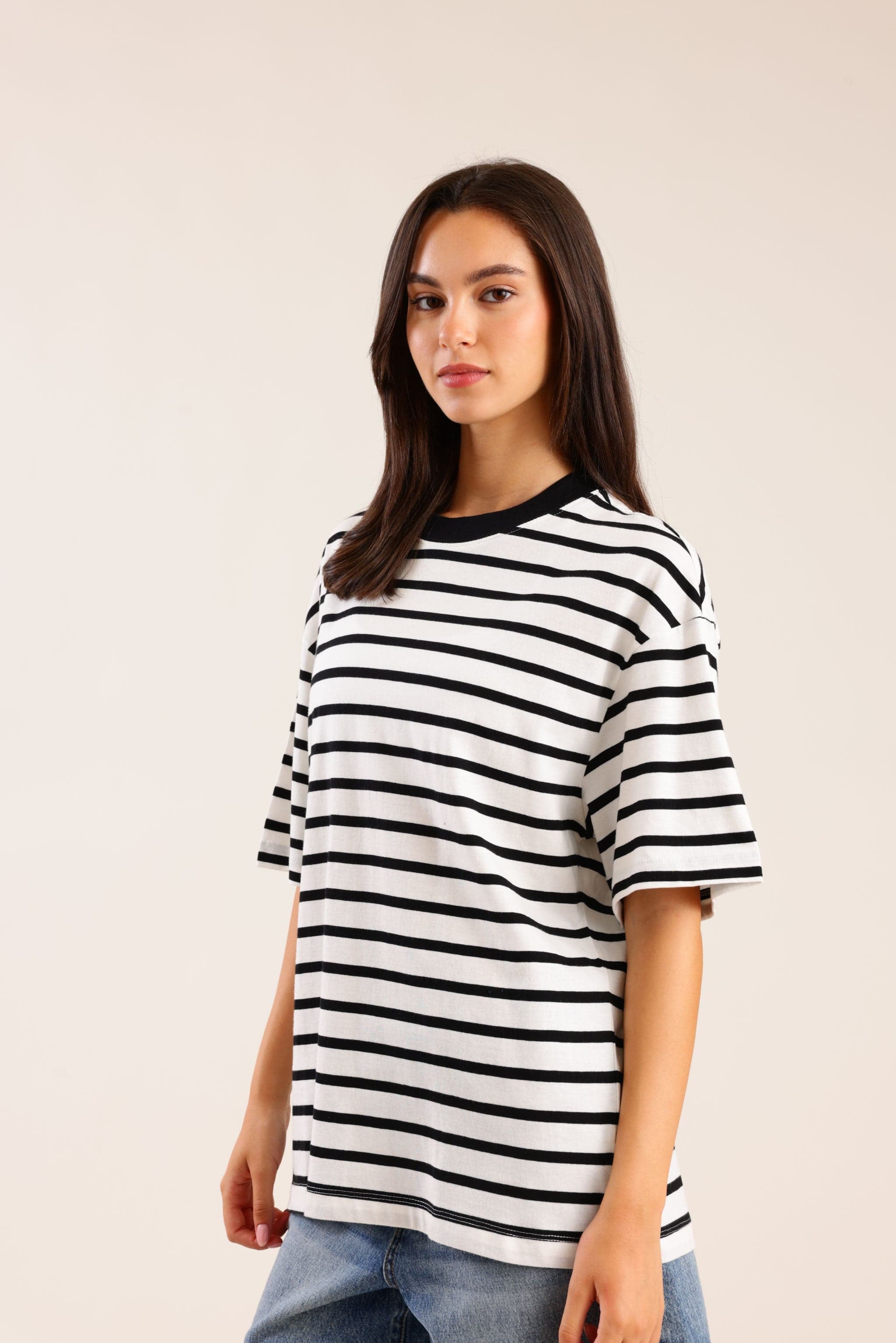 FOX נשים חולצה חולצת בייסיק אוברסייז פסים חולצת בייסיק אוברסייז פסים