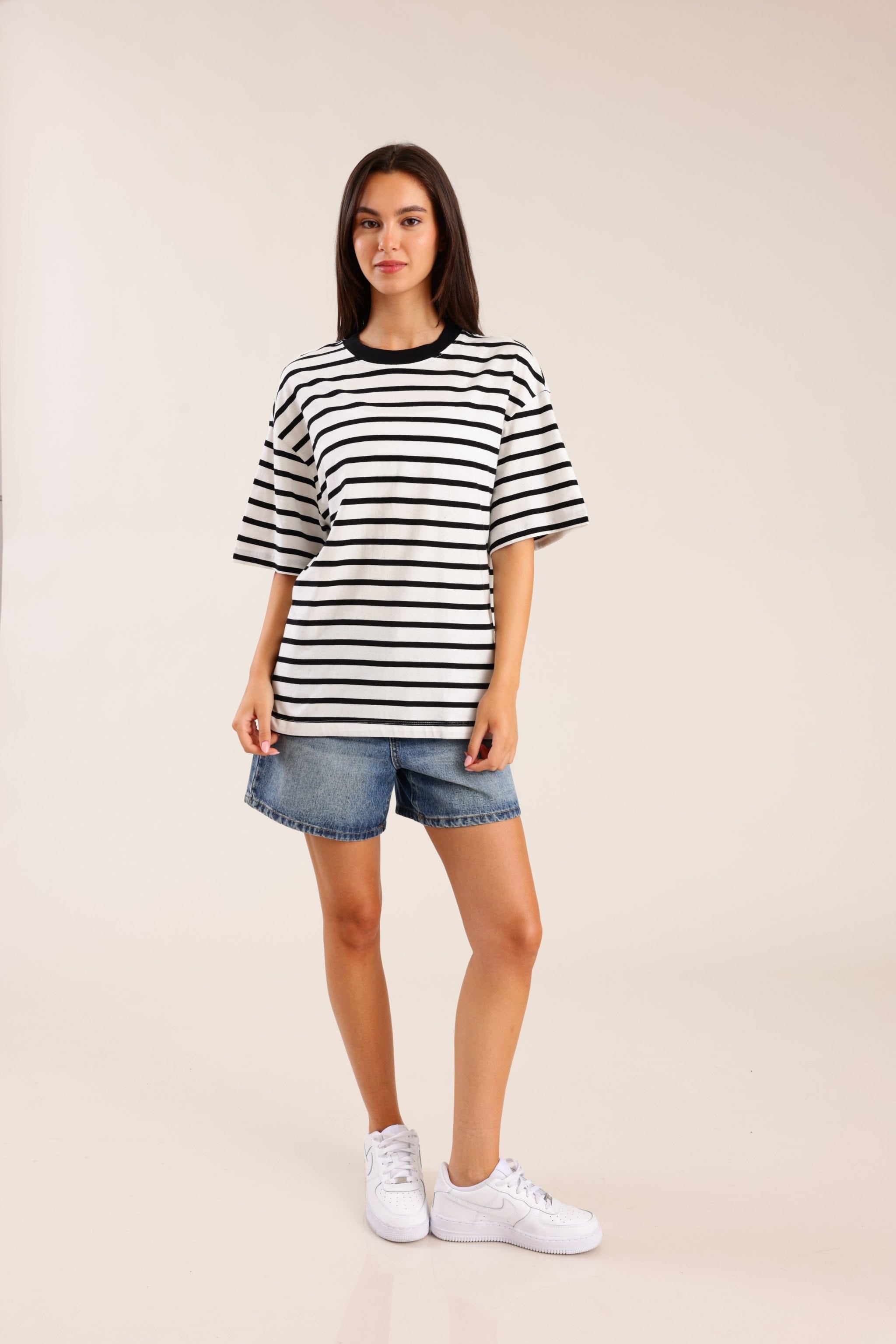 FOX נשים חולצה חולצת בייסיק אוברסייז פסים חולצת בייסיק אוברסייז פסים