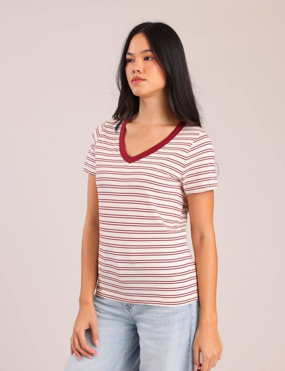 FOX נשים חולצה קצרה חולצת בייסיק פסים חולצת בייסיק פסים