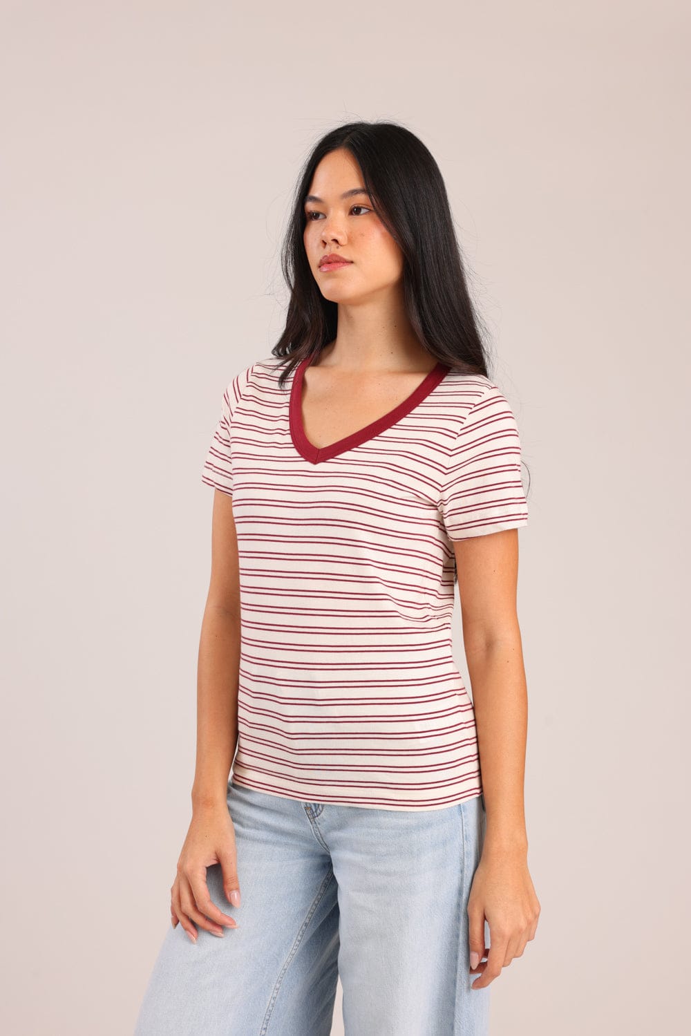 FOX נשים חולצה קצרה חולצת בייסיק פסים חולצת בייסיק פסים