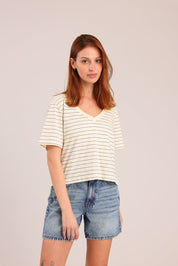 FOX נשים חולצה קצרה חולצת טישרט עם פסים חולצת טישרט עם פסים