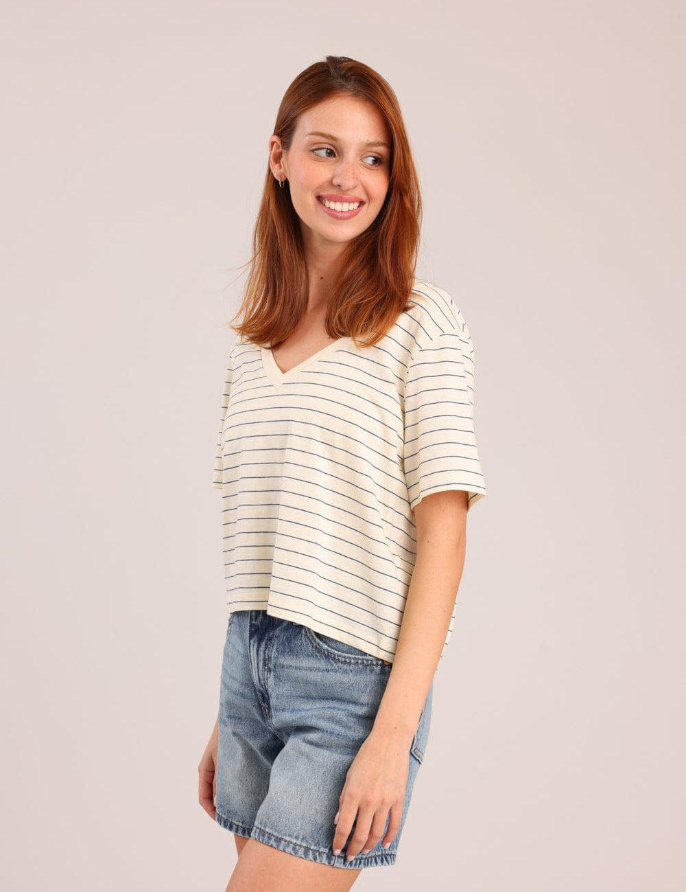 FOX נשים חולצה קצרה חולצת טישרט עם פסים חולצת טישרט עם פסים