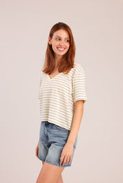 FOX נשים חולצה קצרה חולצת טישרט עם פסים חולצת טישרט עם פסים