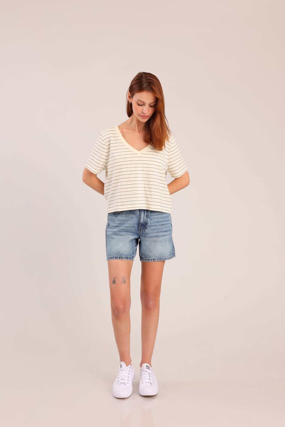 FOX נשים חולצה קצרה חולצת טישרט עם פסים חולצת טישרט עם פסים