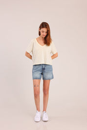 FOX נשים חולצה קצרה חולצת טישרט עם פסים חולצת טישרט עם פסים