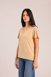 FOX נשים חולצה קצרה חולצת טריקו צווארון V חולצת טריקו צווארון V