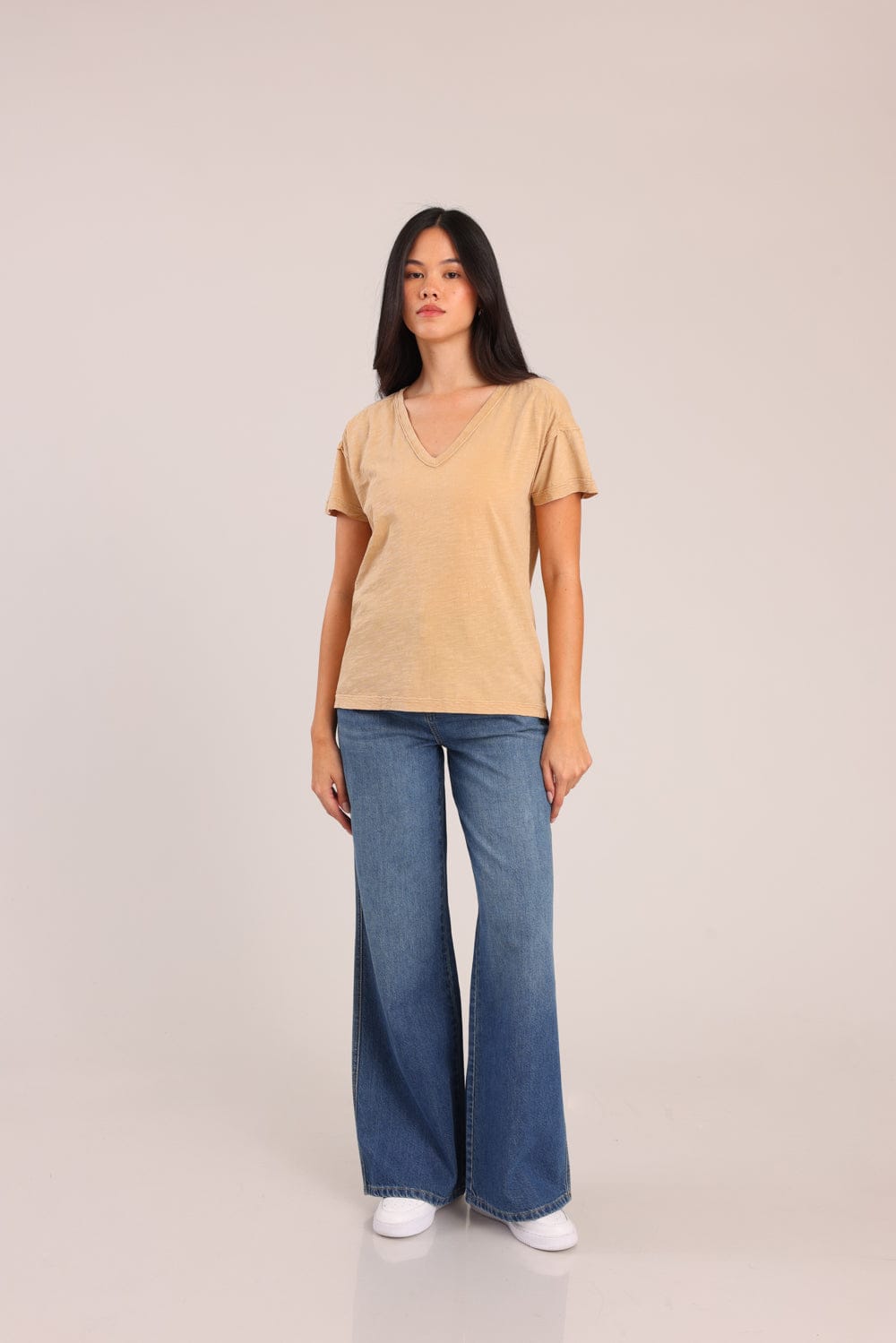 FOX נשים חולצה קצרה חולצת טריקו צווארון V חולצת טריקו צווארון V