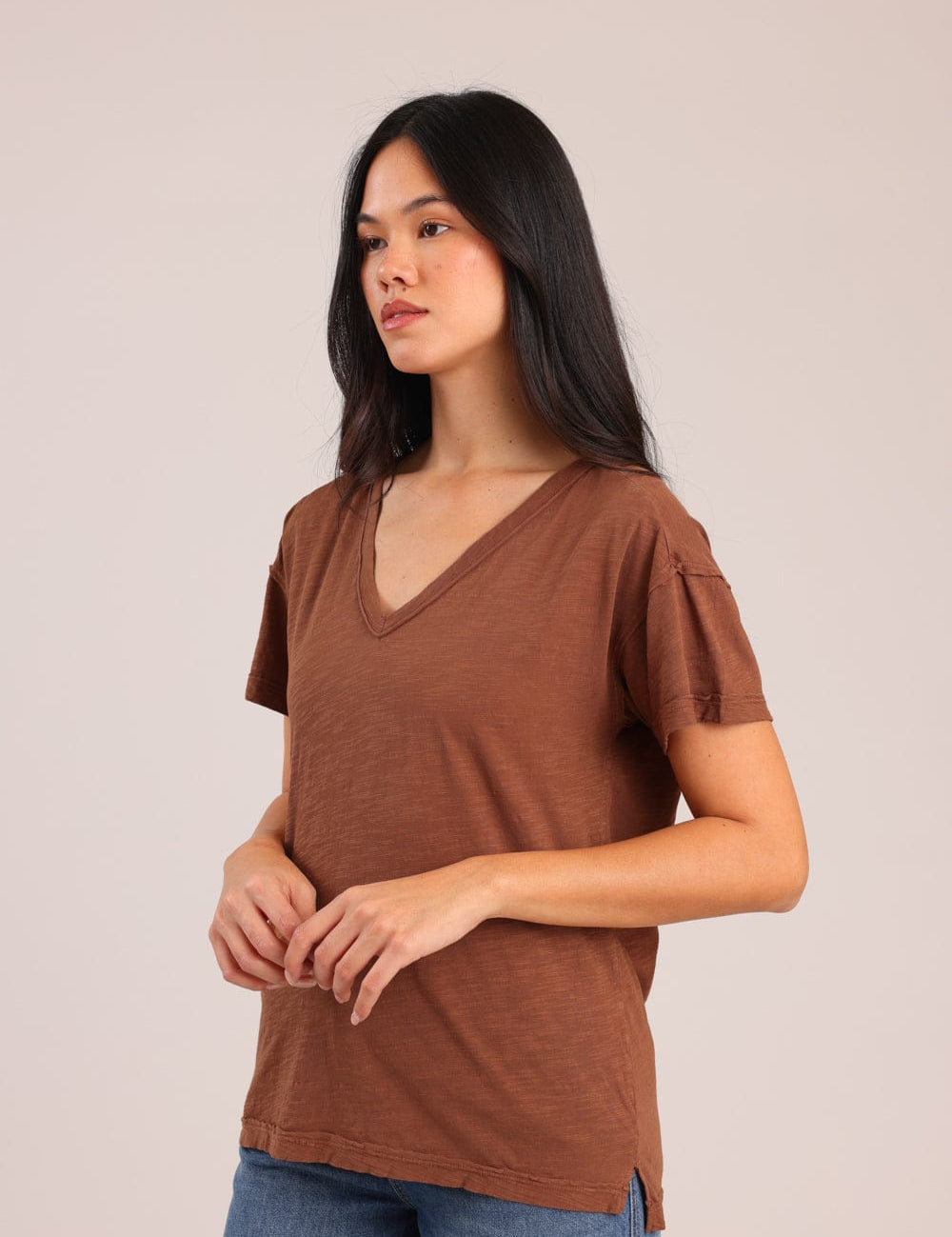 FOX נשים חולצה קצרה חולצת טריקו צווארון V חולצת טריקו צווארון V