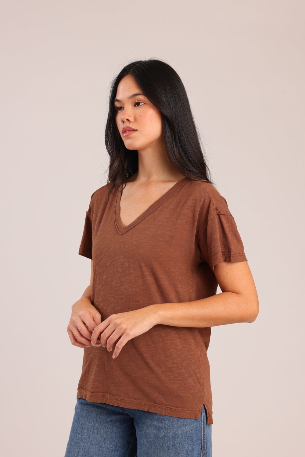 FOX נשים חולצה קצרה חולצת טריקו צווארון V חולצת טריקו צווארון V