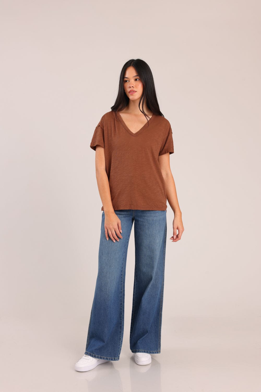 FOX נשים חולצה קצרה חולצת טריקו צווארון V חולצת טריקו צווארון V