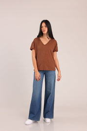 FOX נשים חולצה קצרה חולצת טריקו צווארון V חולצת טריקו צווארון V