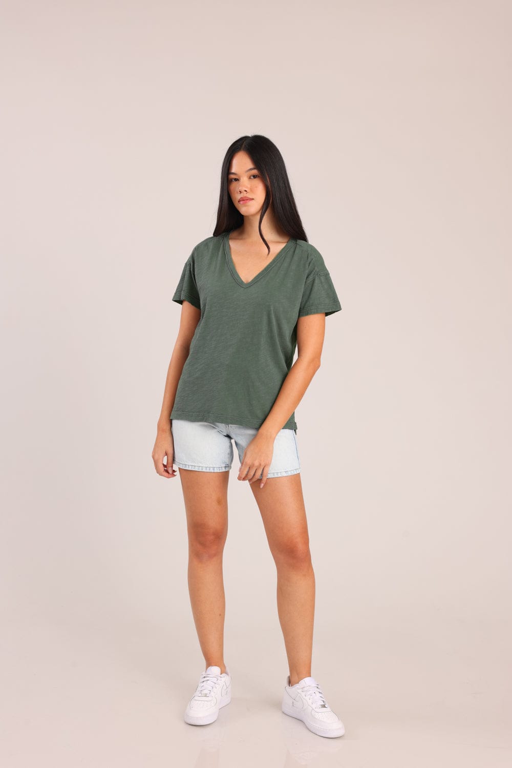 FOX נשים חולצה קצרה חולצת טריקו צווארון V חולצת טריקו צווארון V