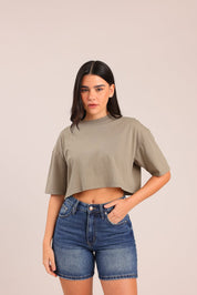 FOX נשים חולצה קצרה חולצת נשים חלקה קרופ חולצת נשים חלקה קרופ