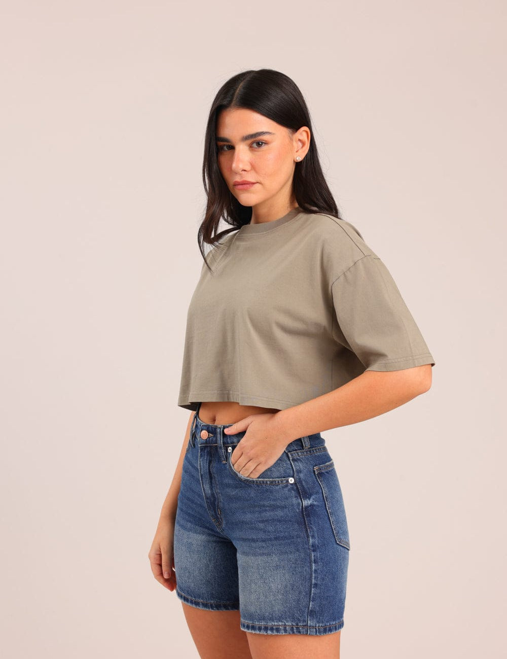 FOX נשים חולצה קצרה חולצת נשים חלקה קרופ חולצת נשים חלקה קרופ