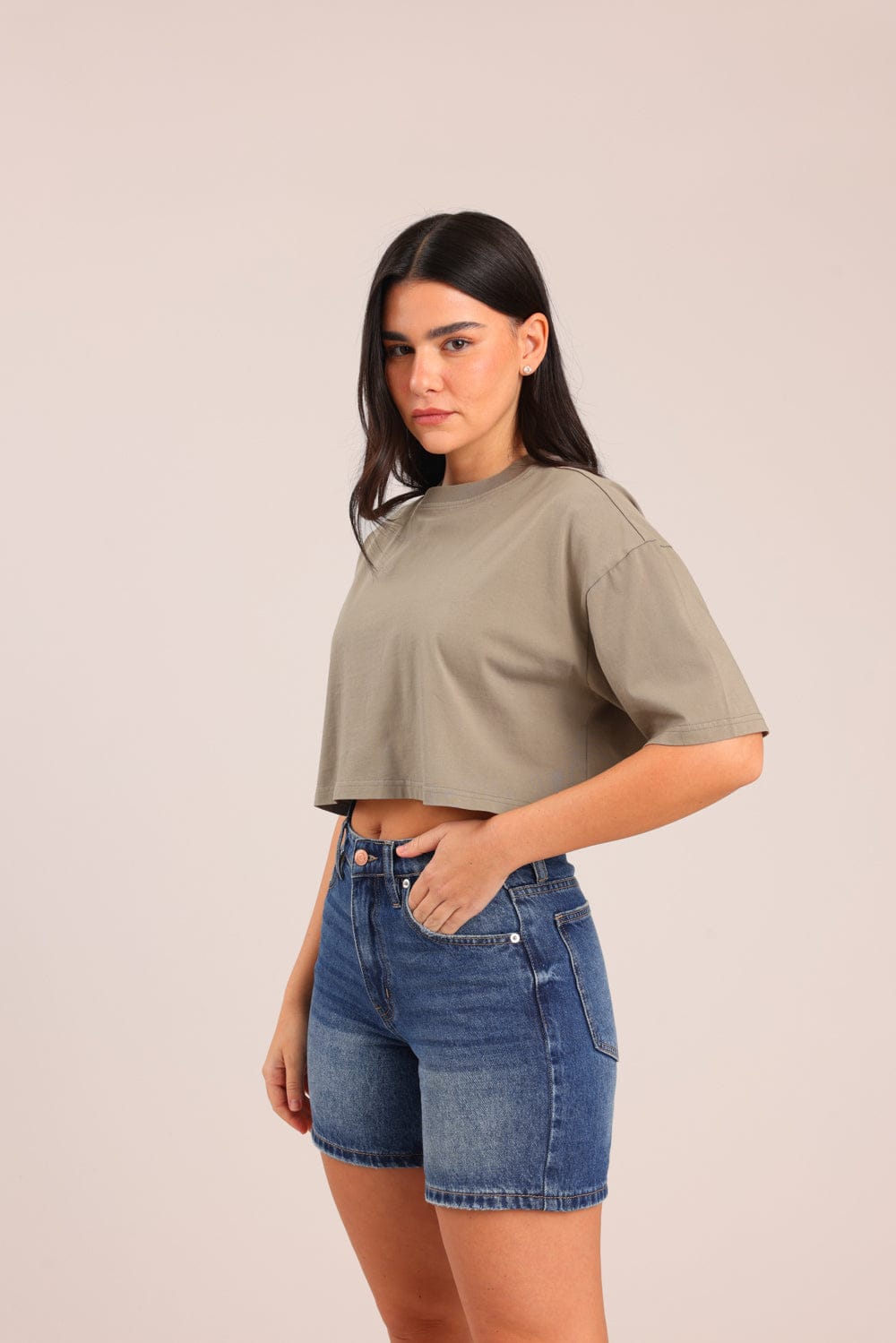 FOX נשים חולצה קצרה חולצת נשים חלקה קרופ חולצת נשים חלקה קרופ