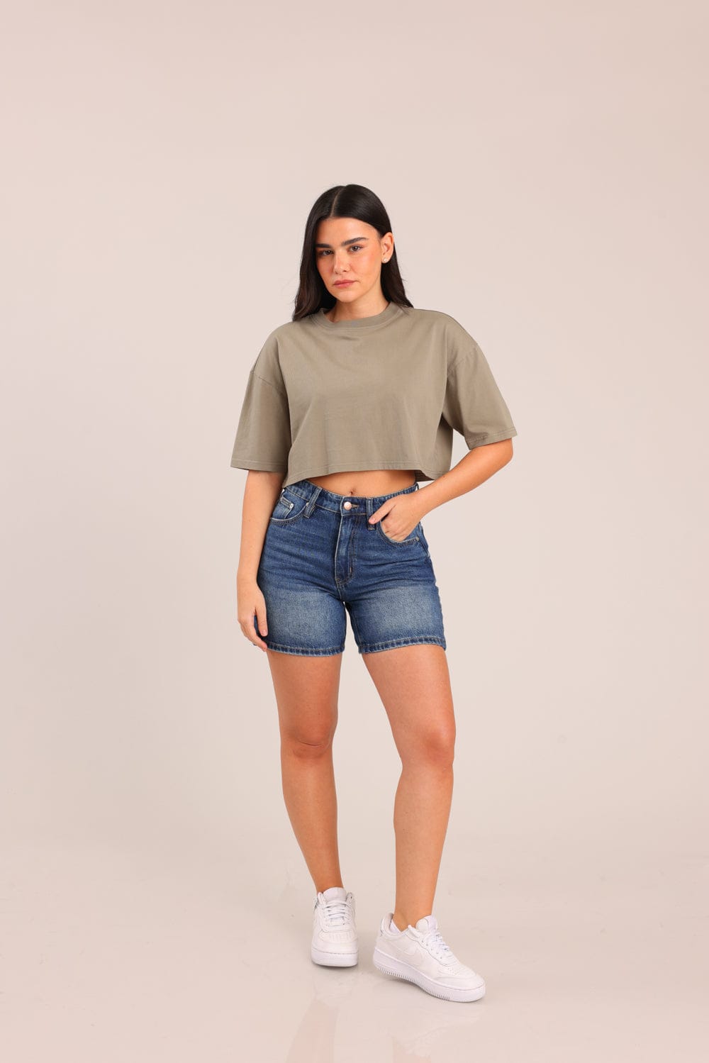 FOX נשים חולצה קצרה חולצת נשים חלקה קרופ חולצת נשים חלקה קרופ