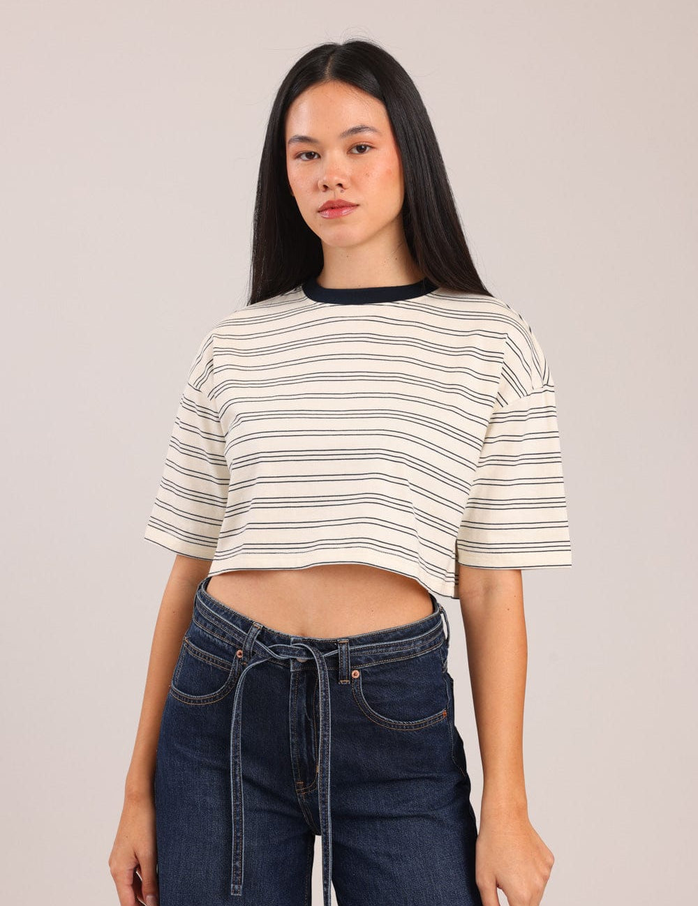 FOX נשים חולצה חולצת נשים קרופ פסים חולצת נשים קרופ פסים