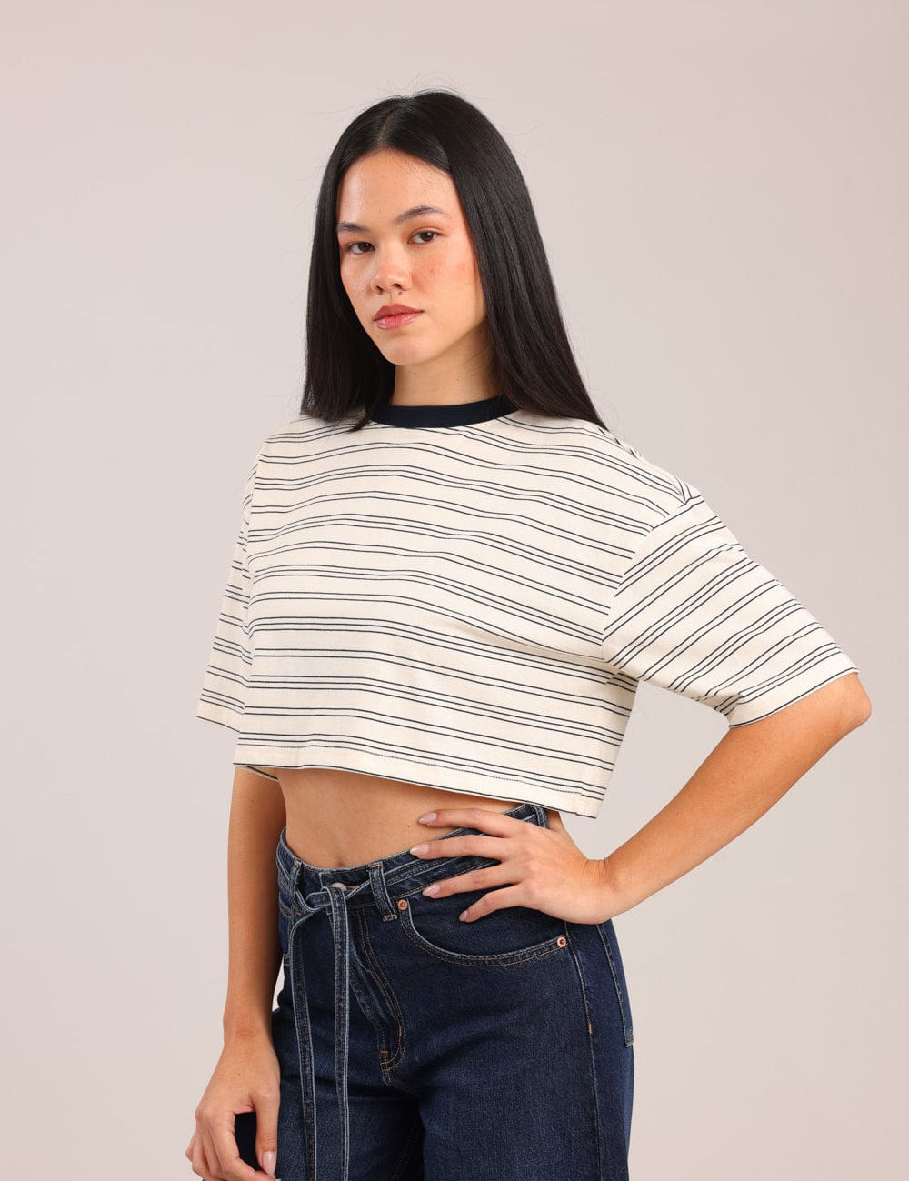 FOX נשים חולצה חולצת נשים קרופ פסים חולצת נשים קרופ פסים