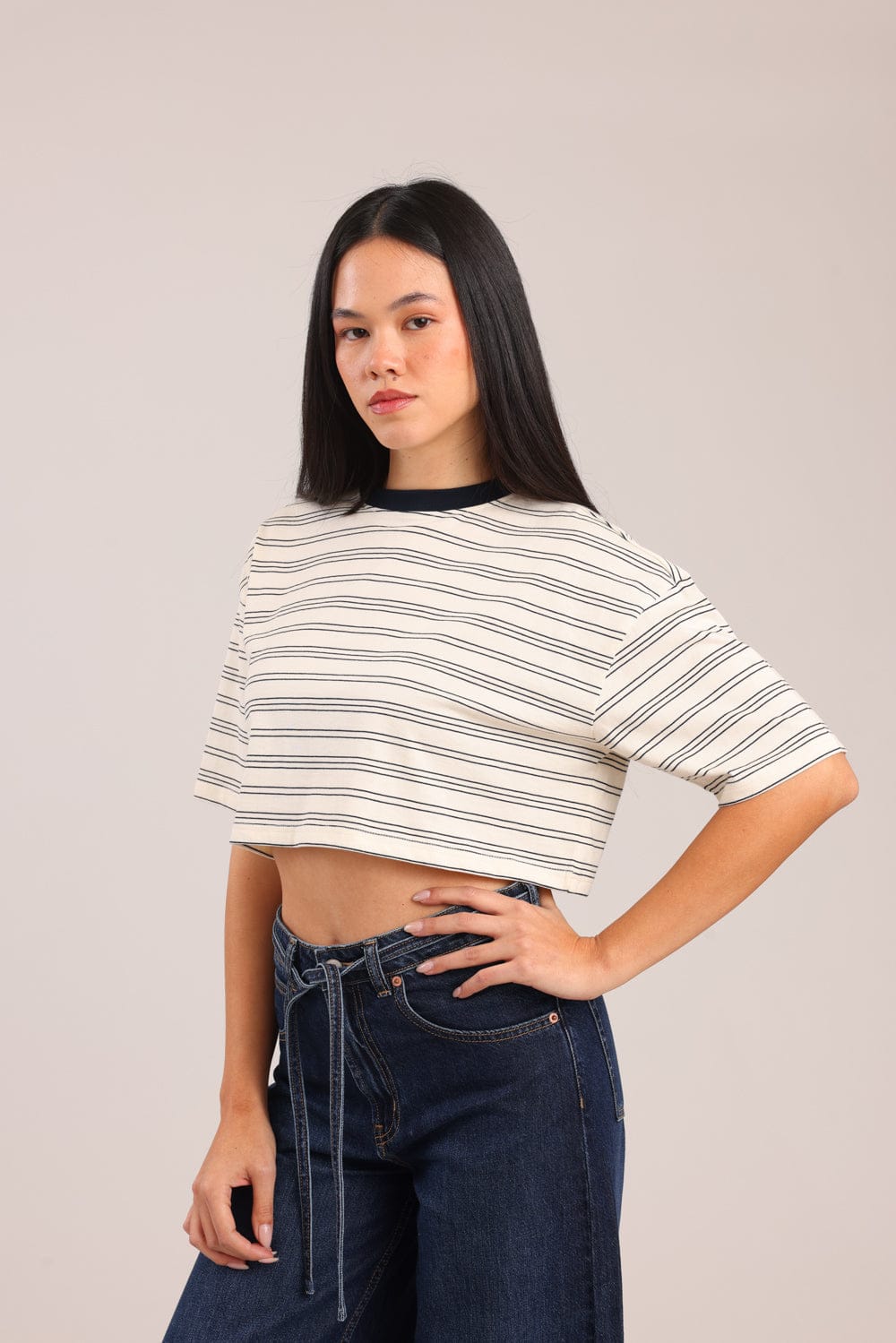 FOX נשים חולצה חולצת נשים קרופ פסים חולצת נשים קרופ פסים