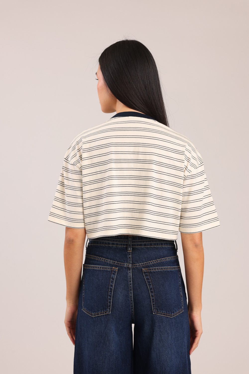 FOX נשים חולצה חולצת נשים קרופ פסים חולצת נשים קרופ פסים