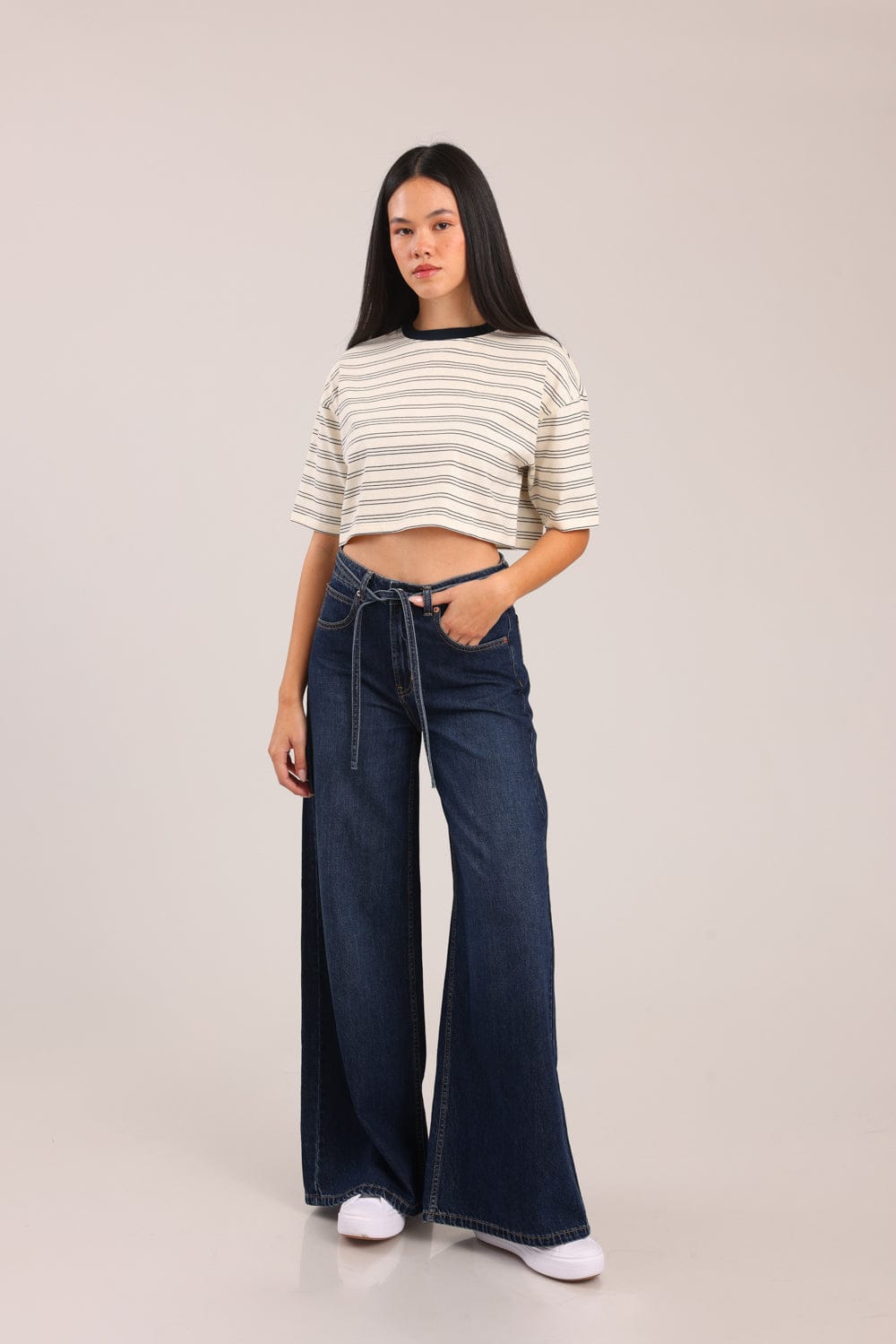 FOX נשים חולצה חולצת נשים קרופ פסים חולצת נשים קרופ פסים