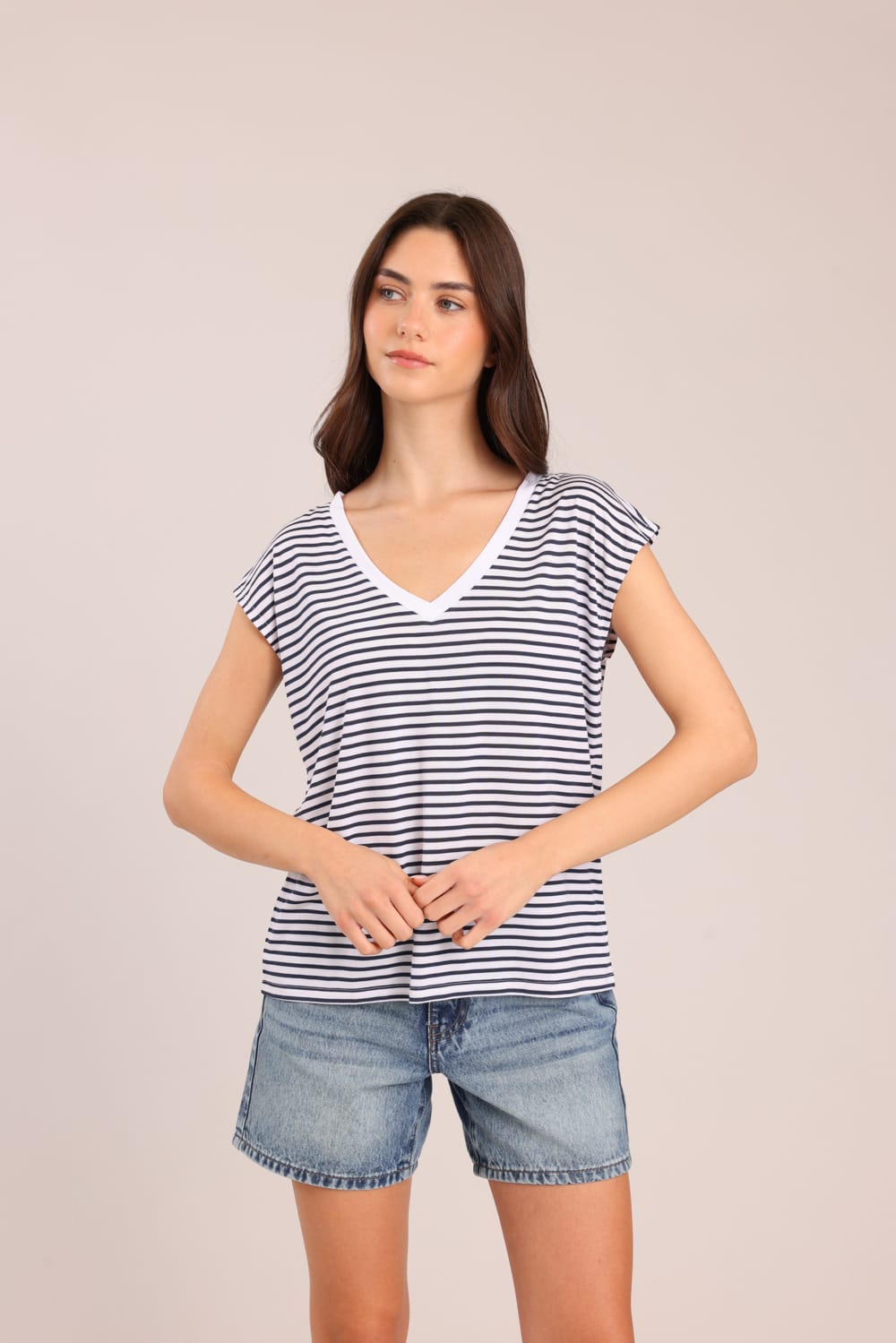 FOX נשים חולצה קצרה חולצת בייסיק עם פסים חולצת בייסיק עם פסים