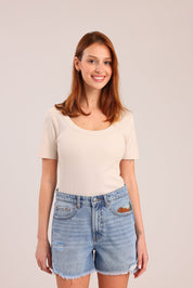 FOX נשים חולצה קצרה חולצת טריקו בייסיק חולצת טריקו בייסיק