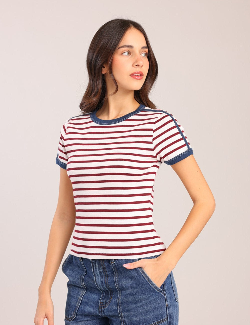 FOX נשים חולצה קצרה חולצה עם פסים חולצה עם פסים