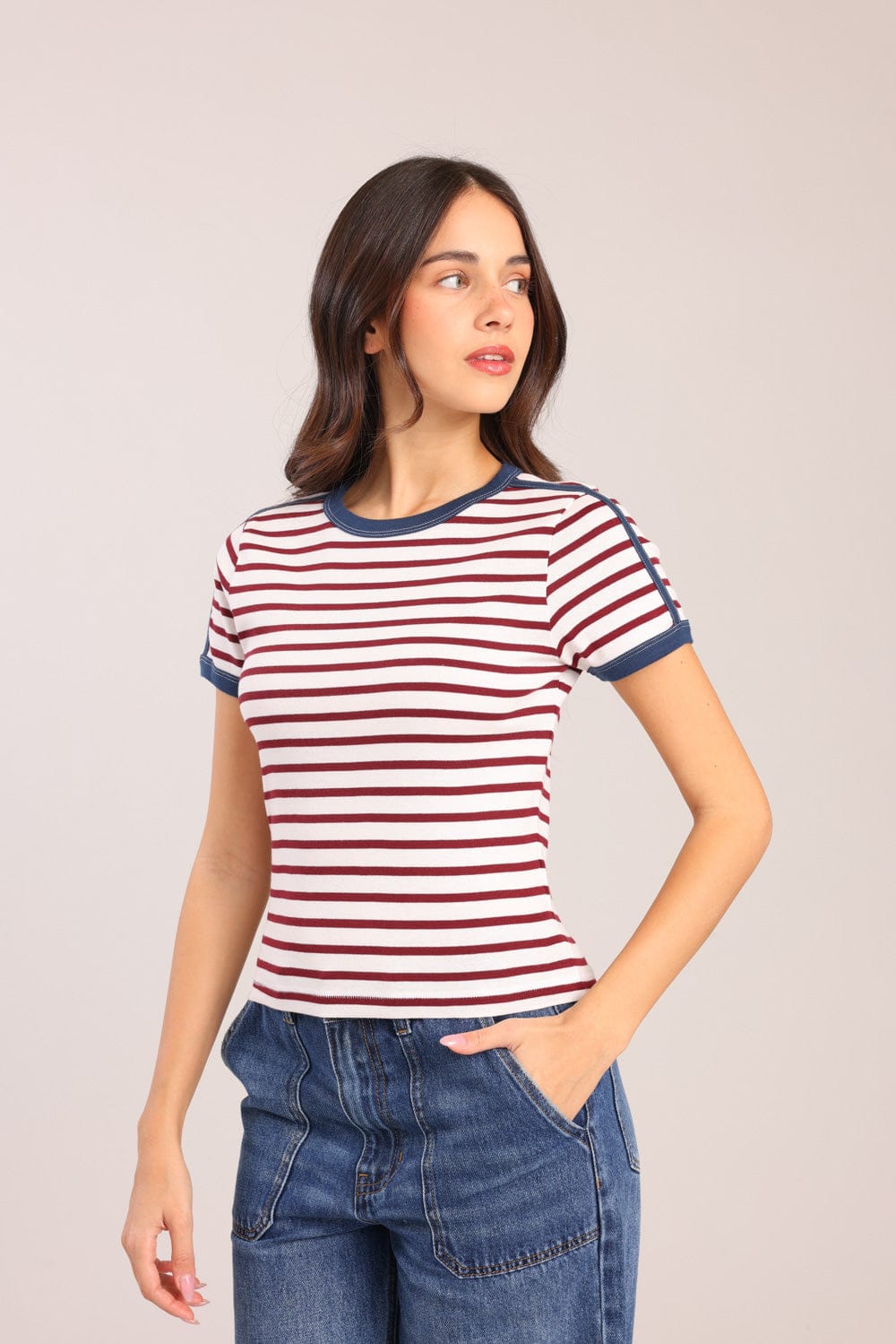 FOX נשים חולצה קצרה חולצה עם פסים חולצה עם פסים