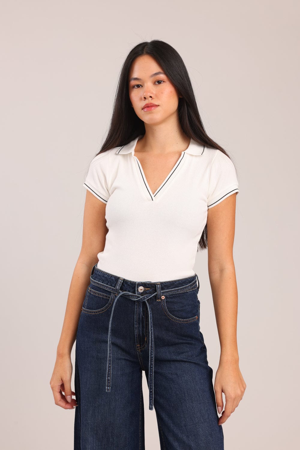 FOX נשים חולצה חולצת V עם צווארון חולצת V עם צווארון