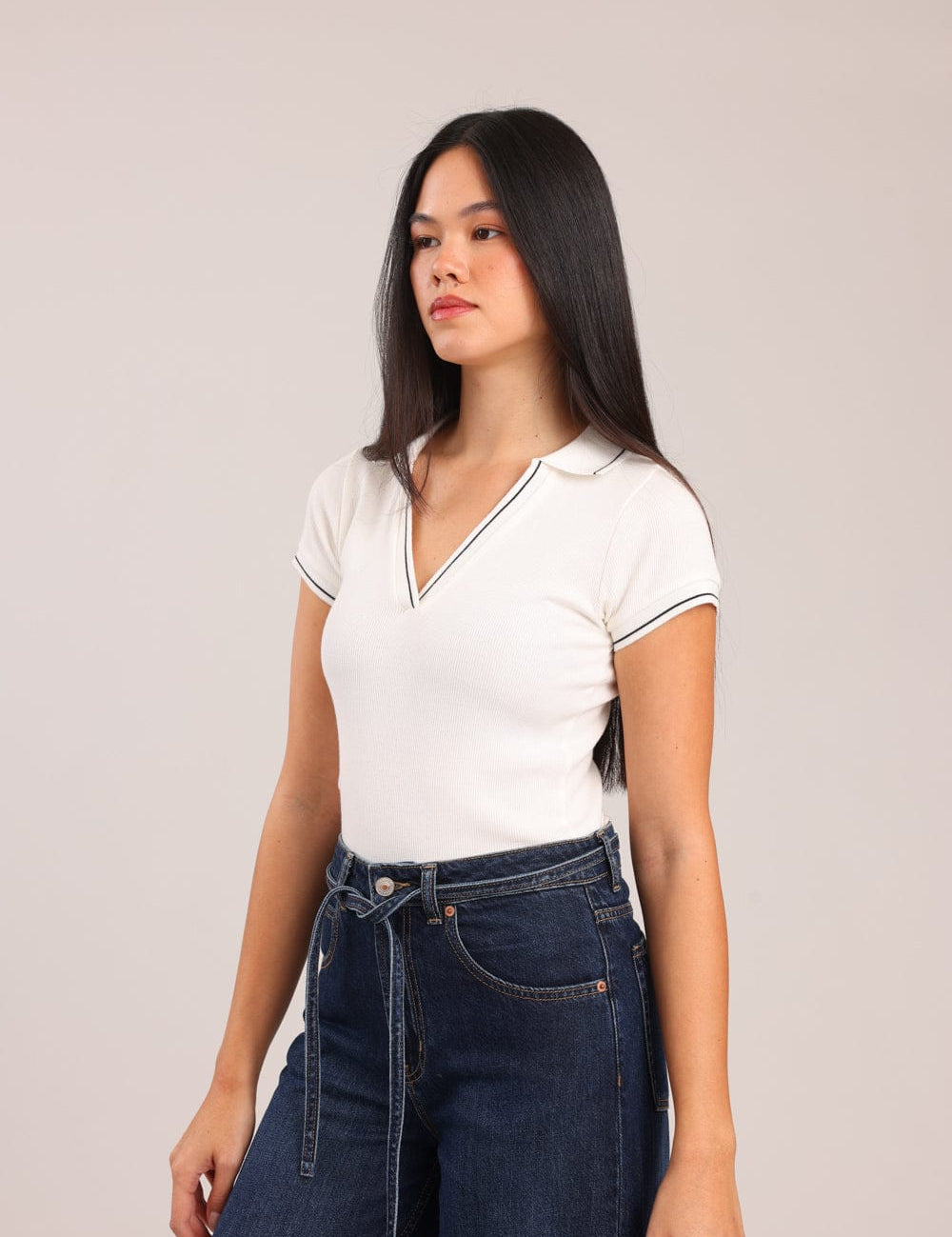 FOX נשים חולצה חולצת V עם צווארון חולצת V עם צווארון