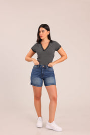 FOX נשים חולצה קצרה חולצת V עם צווארון חולצת V עם צווארון