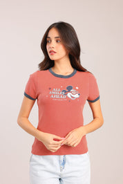 FOX נשים חולצה קצרה חולצה ממותגת מיקי מאוס דיסני חולצה ממותגת מיקי מאוס דיסני