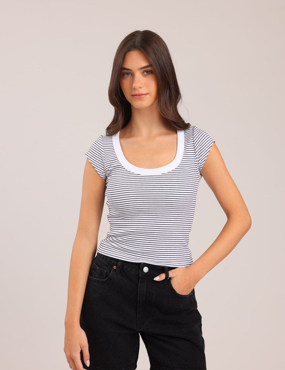 FOX נשים חולצה חולצה קצרה פסים חולצה קצרה פסים