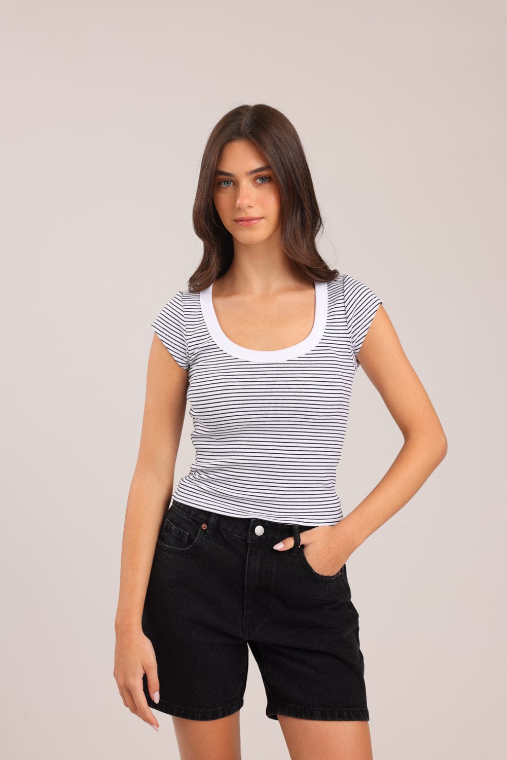 FOX נשים חולצה חולצה קצרה פסים חולצה קצרה פסים