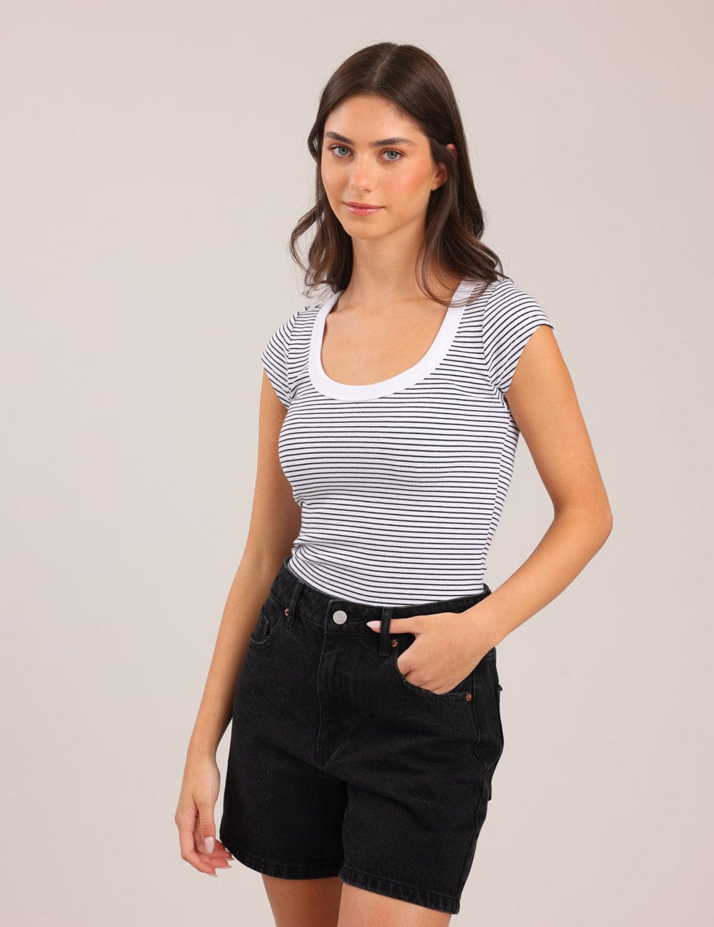 FOX נשים חולצה חולצה קצרה פסים חולצה קצרה פסים