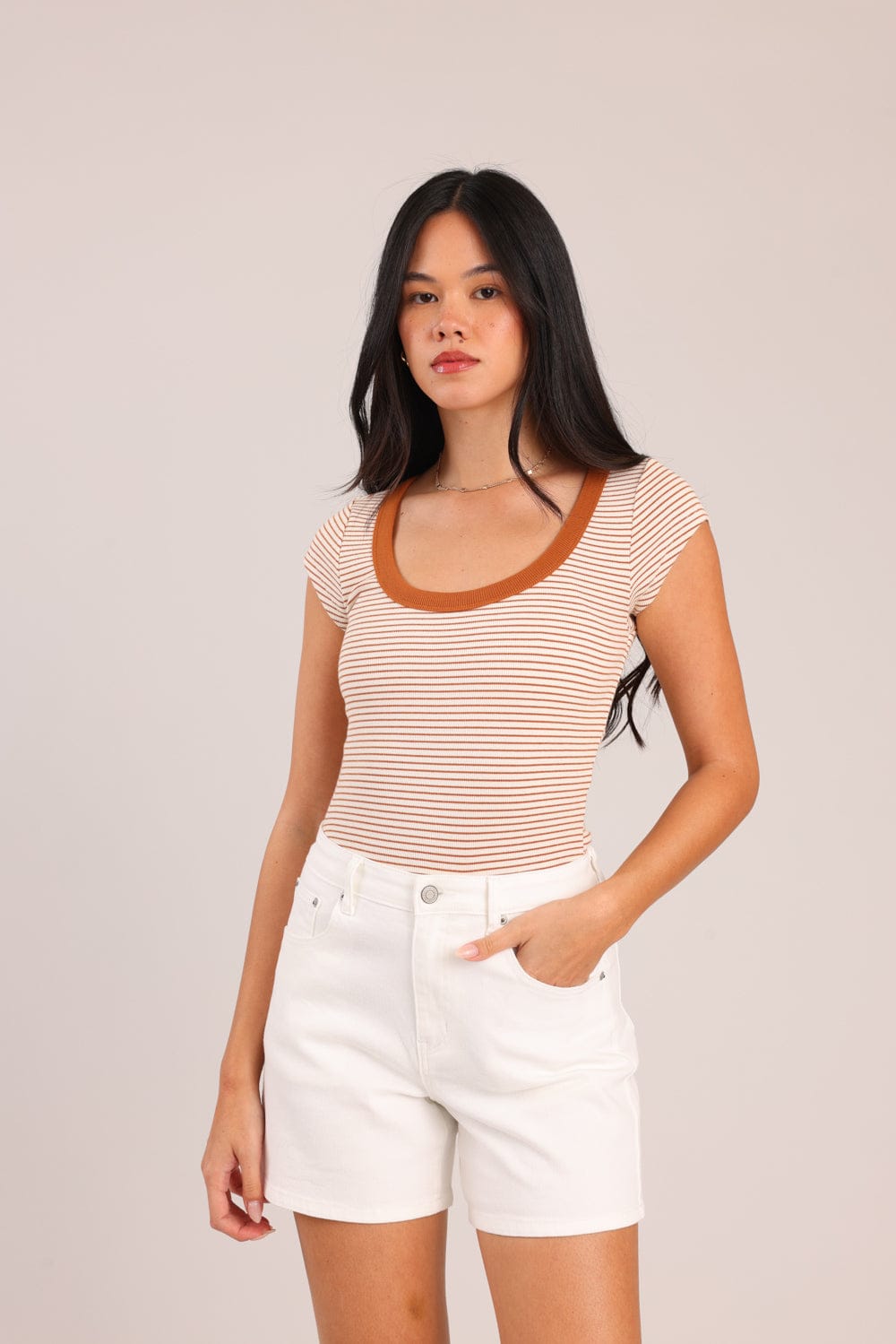 FOX נשים חולצה קצרה חולצה קצרה פסים חולצה קצרה פסים